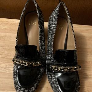 Crown & Ivy Black and Gray Loafers with Gold Chain
